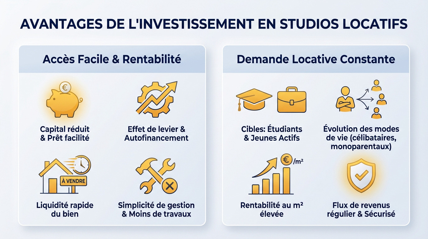 Guide complet pour <strong>optimiser la rentabilité et la localisation d&rsquo;un investissement en studio</strong> : graphique avantages »></p>
<p>Après avoir vu l&rsquo;intérêt de la pierre, attaquons ce guide complet pour optimiser la rentabilité et la localisation d&rsquo;un investissement en studio. C&rsquo;est le format roi pour débuter.</p>
<h3>Un ticket d&rsquo;entrée accessible pour débuter</h3>
<p>Le studio est l&rsquo;actif idéal pour un premier achat. Avec un capital réduit, souvent sous les 80 000 euros, <strong>l&rsquo;obtention d&rsquo;un prêt bancaire devient une formalité</strong>. Vous évitez ainsi de vous endetter sur des sommes colossales dès le départ.</p>
<p>Parlons de l&rsquo;effet de levier. Avec un faible apport, vous acquérez un bien qui s&rsquo;autofinance en partie. C&rsquo;est une stratégie efficace pour <strong>multiplier les acquisitions à long terme</strong> sans bloquer votre capacité d’emprunt.</p>
<p>Pour approfondir, consultez notre dossier sur <a href=