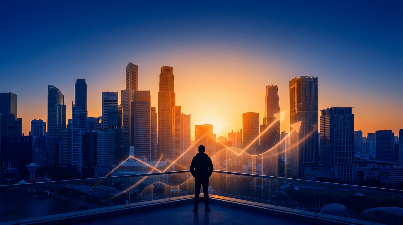 A person stands on a balcony, silhouetted against an orange and blue city skyline with upward-trending financial graphs.