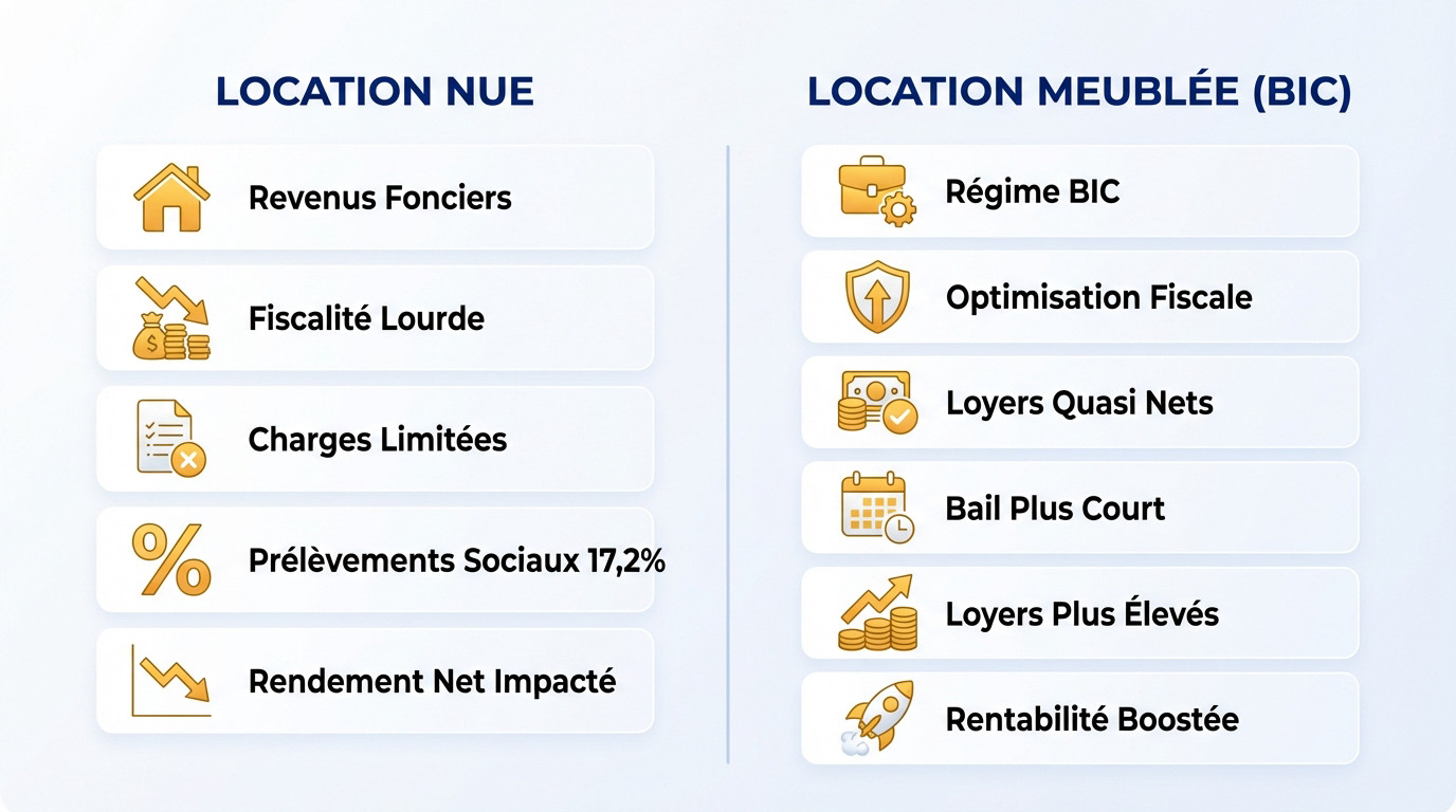 Tableau comparatif fiscalité location nue revenus fonciers vs location meublée BIC