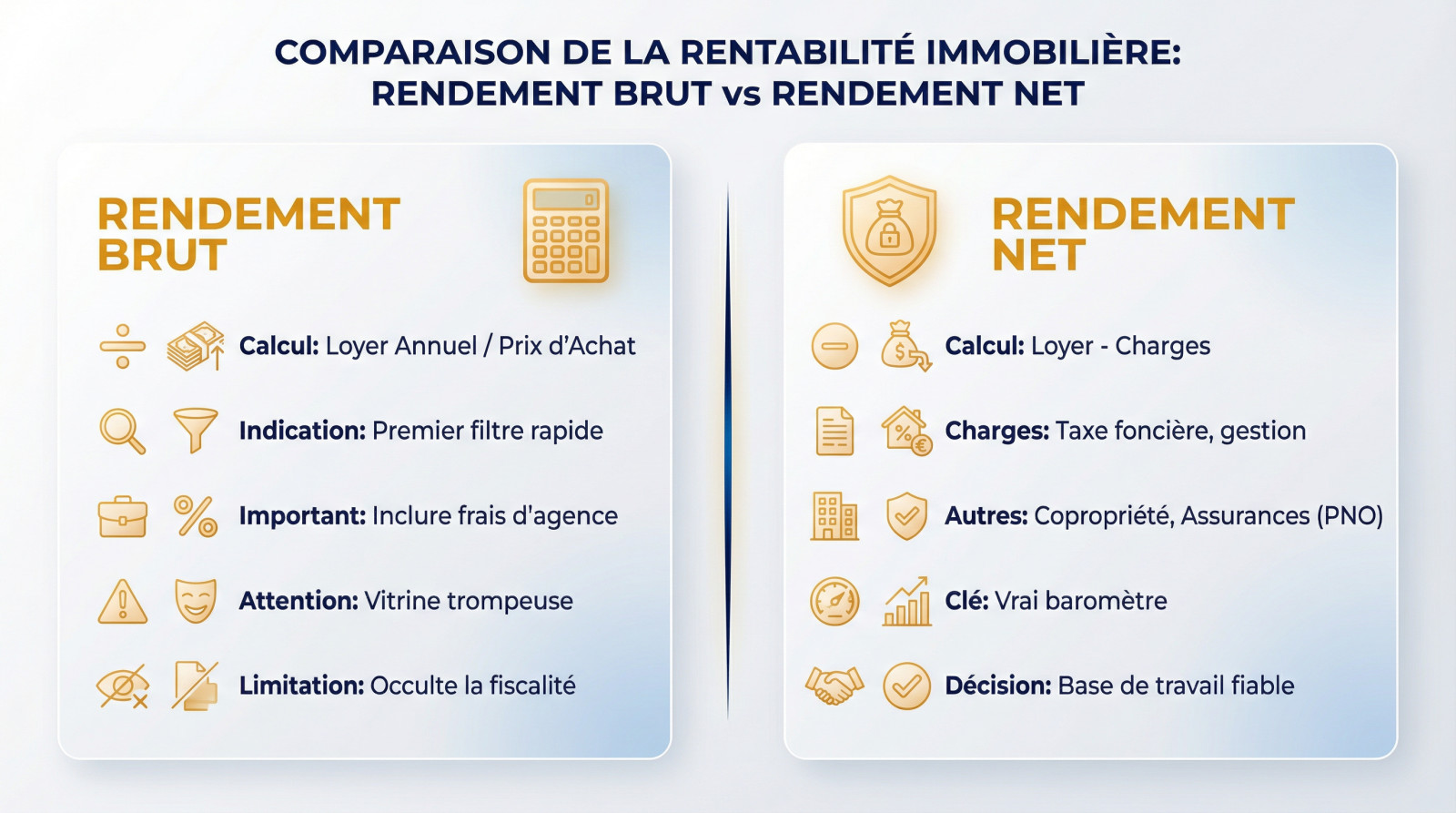 Schéma comparatif illustrant la différence entre le rendement brut et la rentabilité nette d'un investissement immobilier