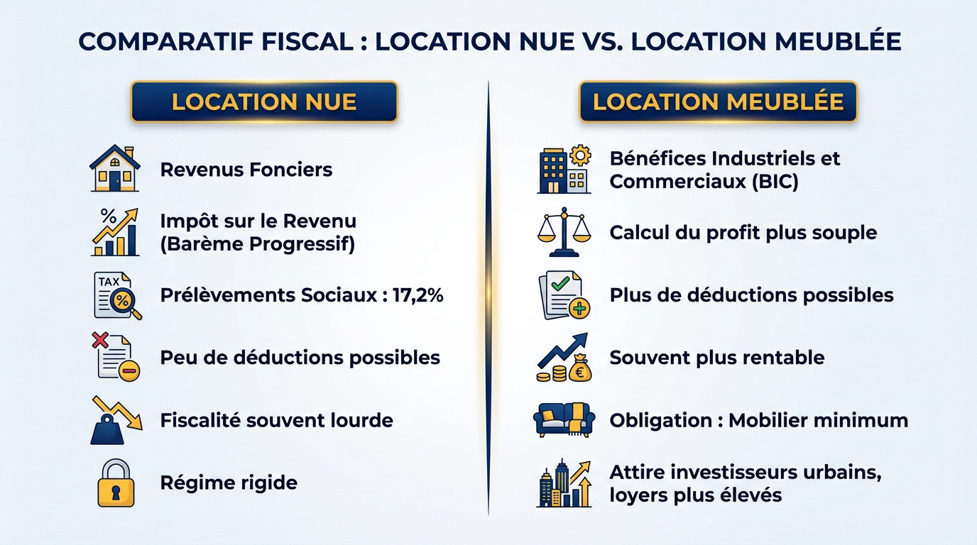 Tableau comparatif de la fiscalité entre location nue et meublée