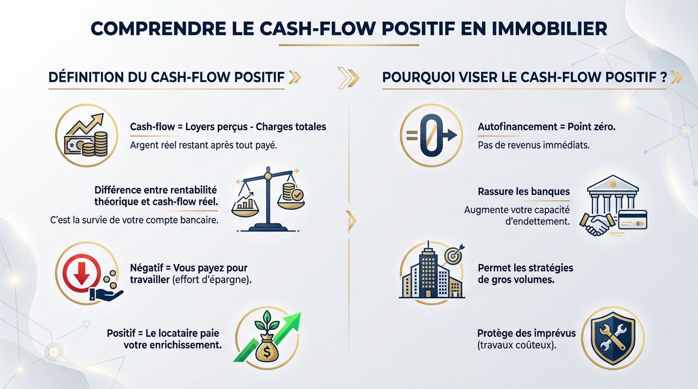 Schéma explicatif du cash-flow positif en investissement immobilier locatif