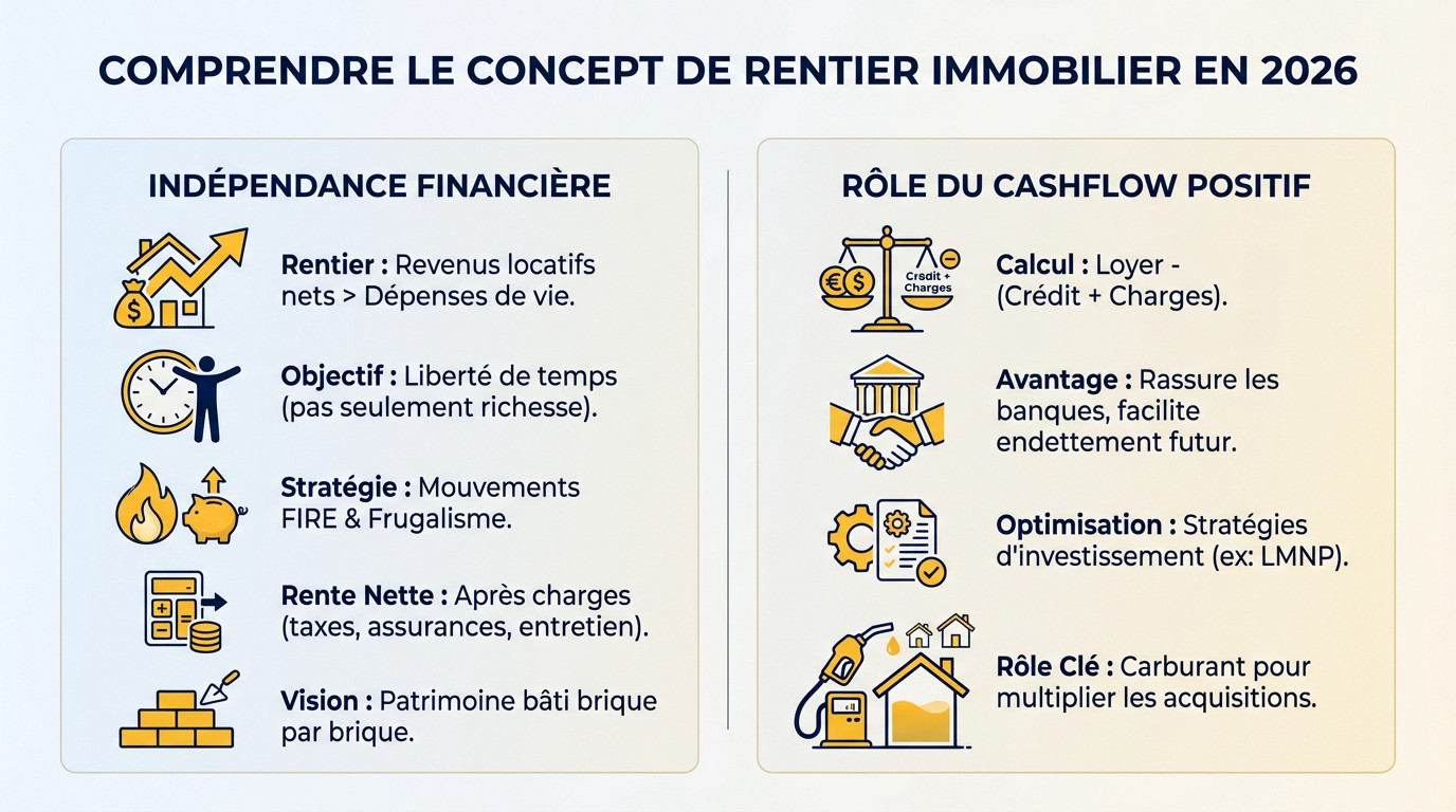 Concept rentier immobilier et indépendance financière en 2026