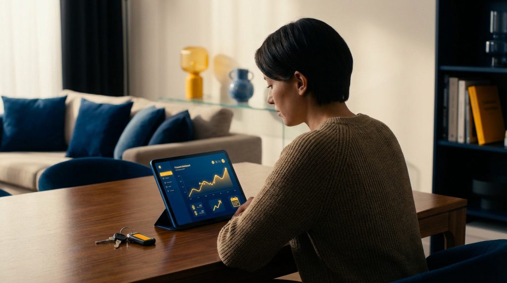 Individual views a financial dashboard on a tablet in a modern, well-lit living space. Keys nearby. Blue and yellow decor.