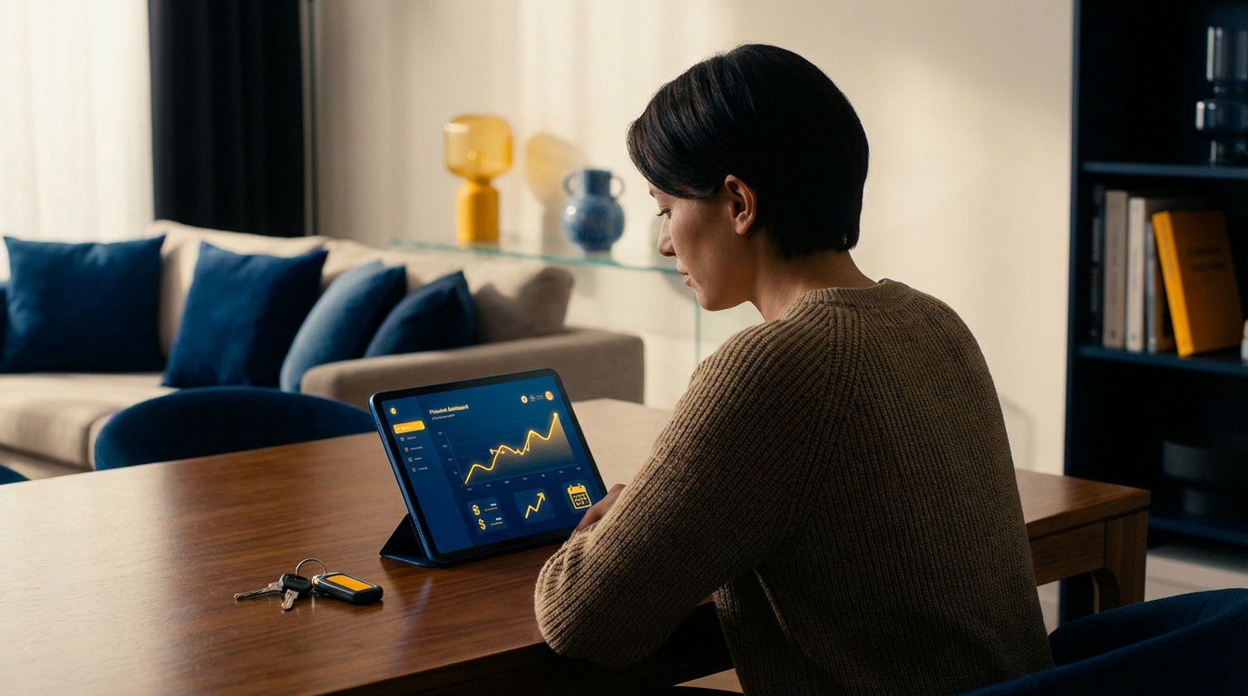 Individual views a financial dashboard on a tablet in a modern, well-lit living space. Keys nearby. Blue and yellow decor.