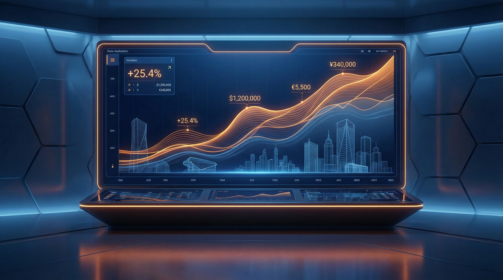 Sleek futuristic display with dynamic financial graphs in orange on a deep blue background, showing growth and real estate data.