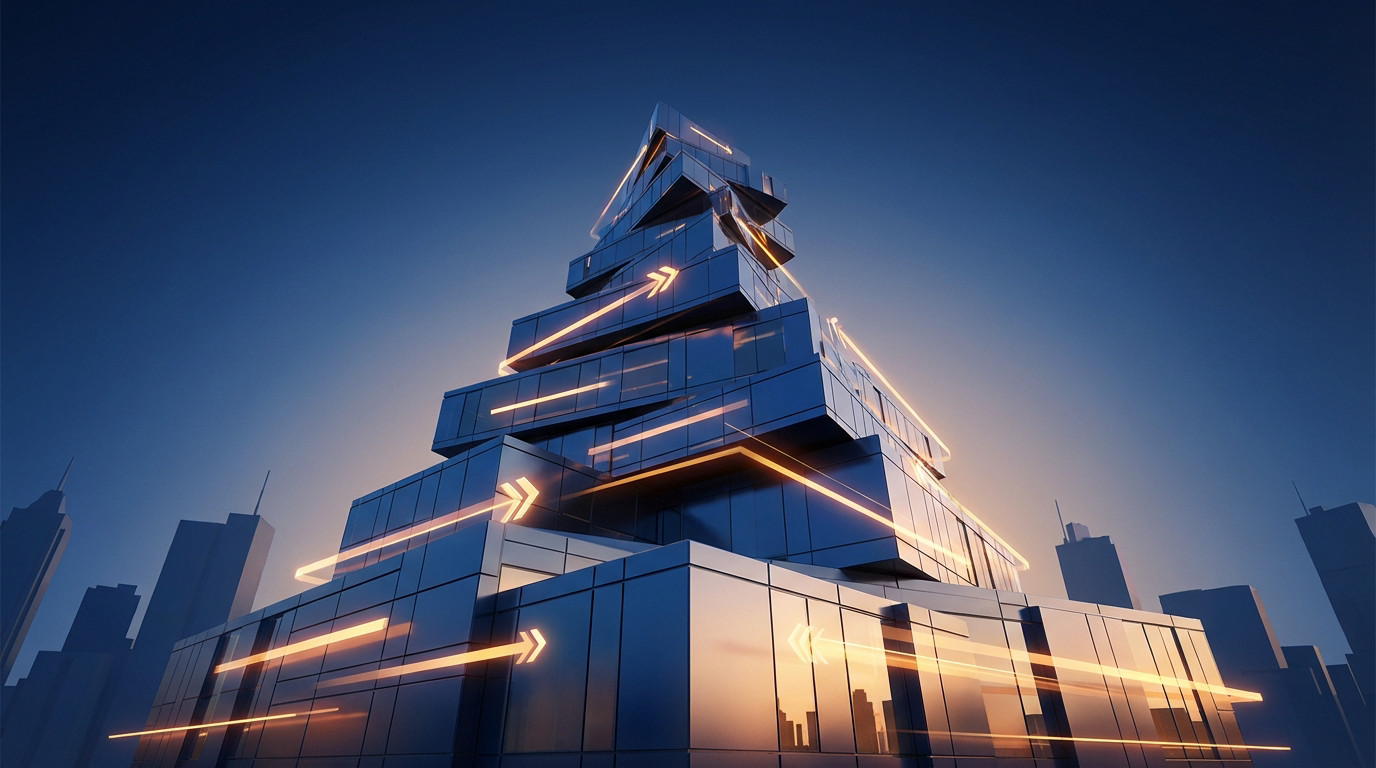 Abstract dark blue architectural tower with glowing orange arrows symbolizing dynamic growth and wealth building against a minimalist sky.