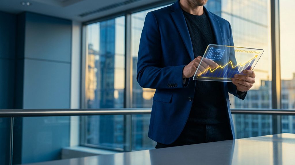 Hombre en traje azul analizando un gráfico de crecimiento financiero en una tableta futurista, con un horizonte urbano de fondo.