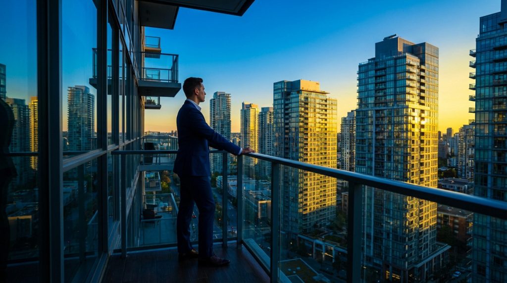 Professional man on balcony viewing city at golden hour. Sleek buildings reflect blue sky & golden light, symbolizing financial vision.