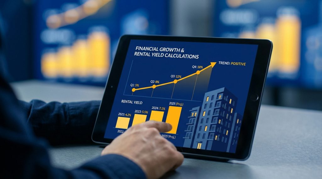 Hand interacts with a tablet displaying a financial growth and rental yield infographic with upward line and bar charts.