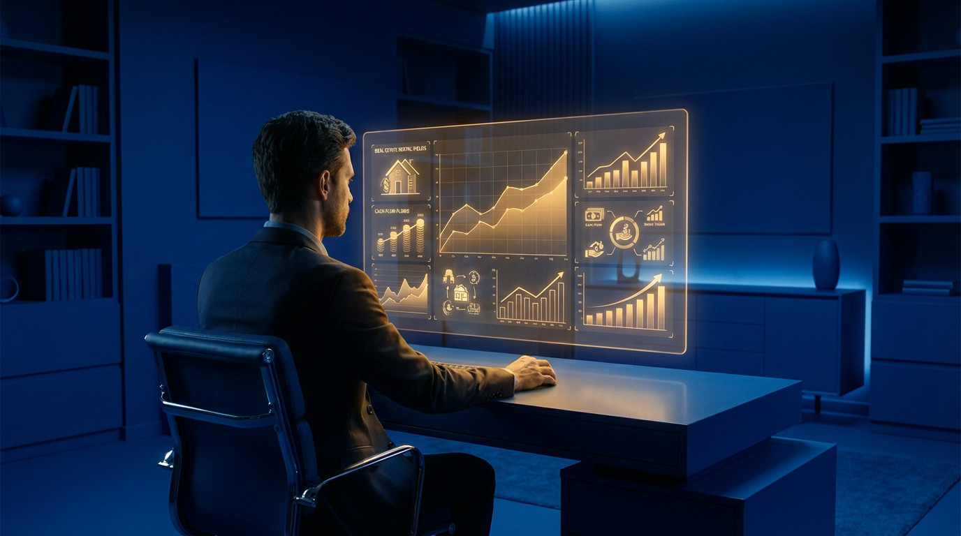 Man in dark suit views interactive orange holographic financial charts in a modern, dark blue office. Data shows growth.