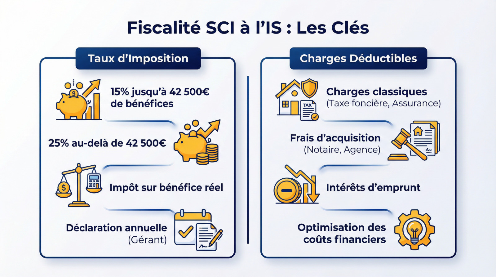Fiscalité SCI à l'IS : taux et charges déductibles