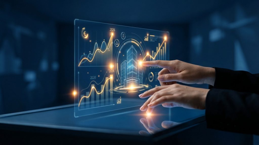 Hands interact with a glowing blue and orange holographic display. It shows upward real estate financial trends for 2026 and a building outline.