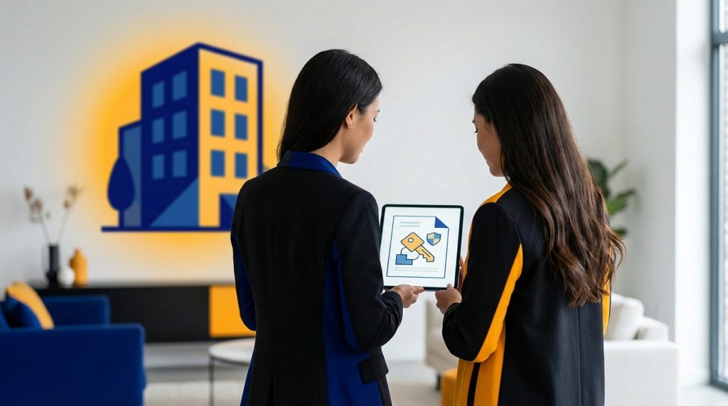 Two women in blue and amber accents discuss housing security on a tablet, with a glowing blue and amber building graphic.