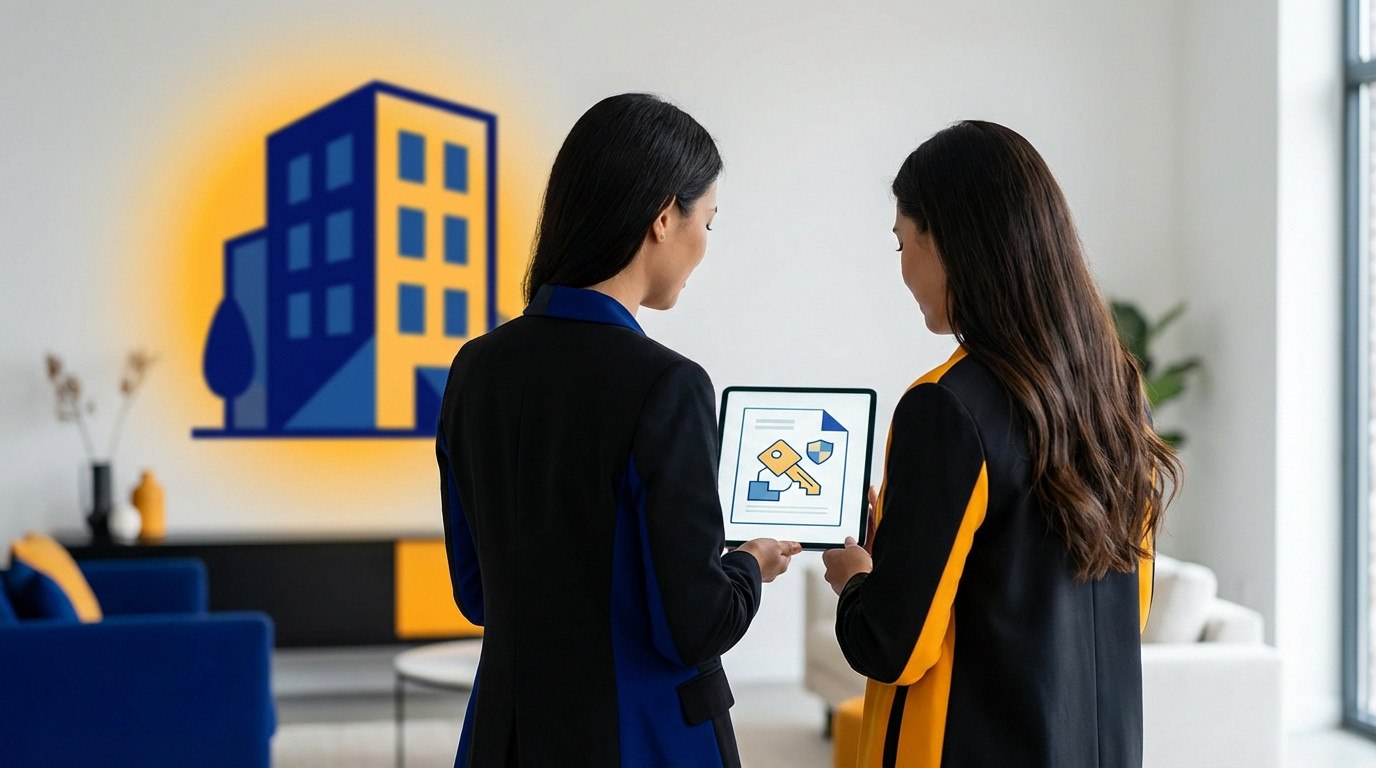 Two women in blue and amber accents discuss housing security on a tablet, with a glowing blue and amber building graphic.