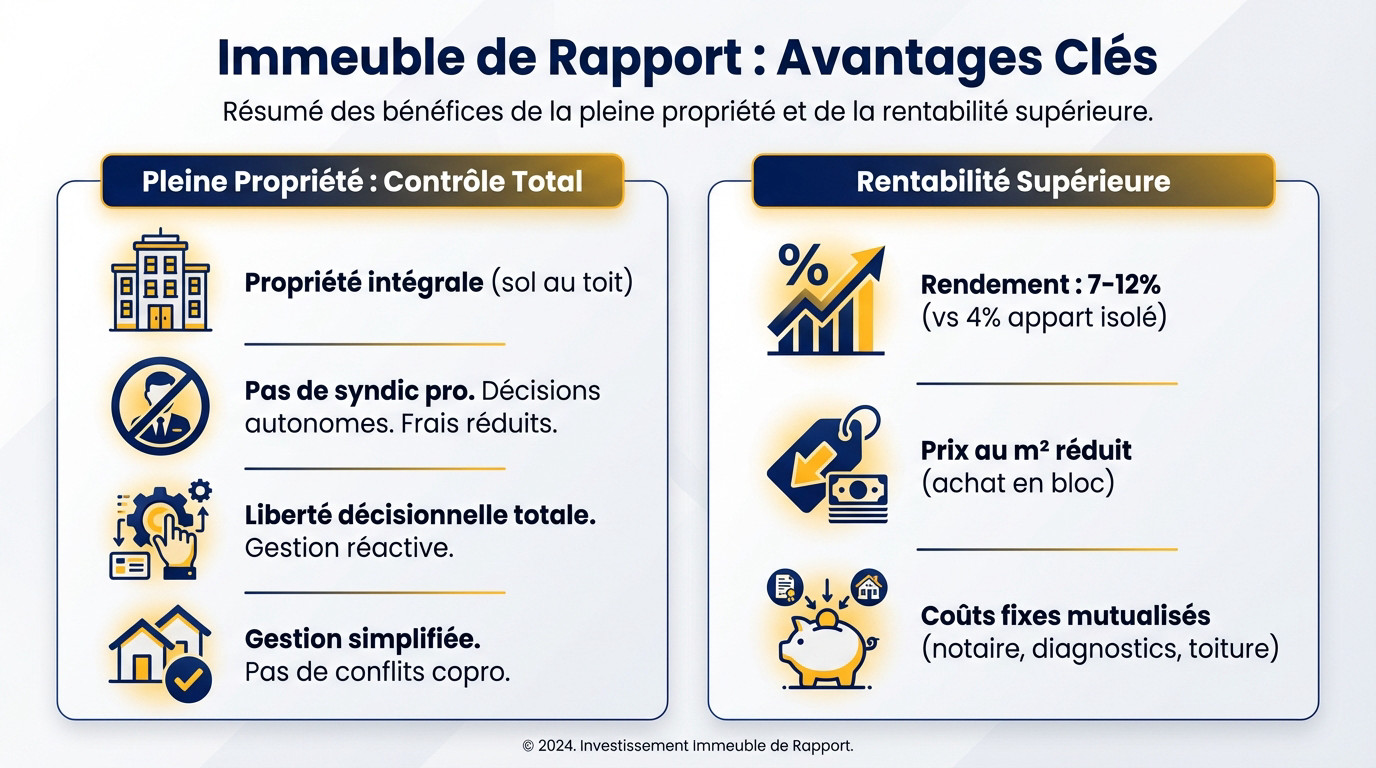 Schéma illustrant les avantages d'un immeuble de rapport : rentabilité et absence de syndic