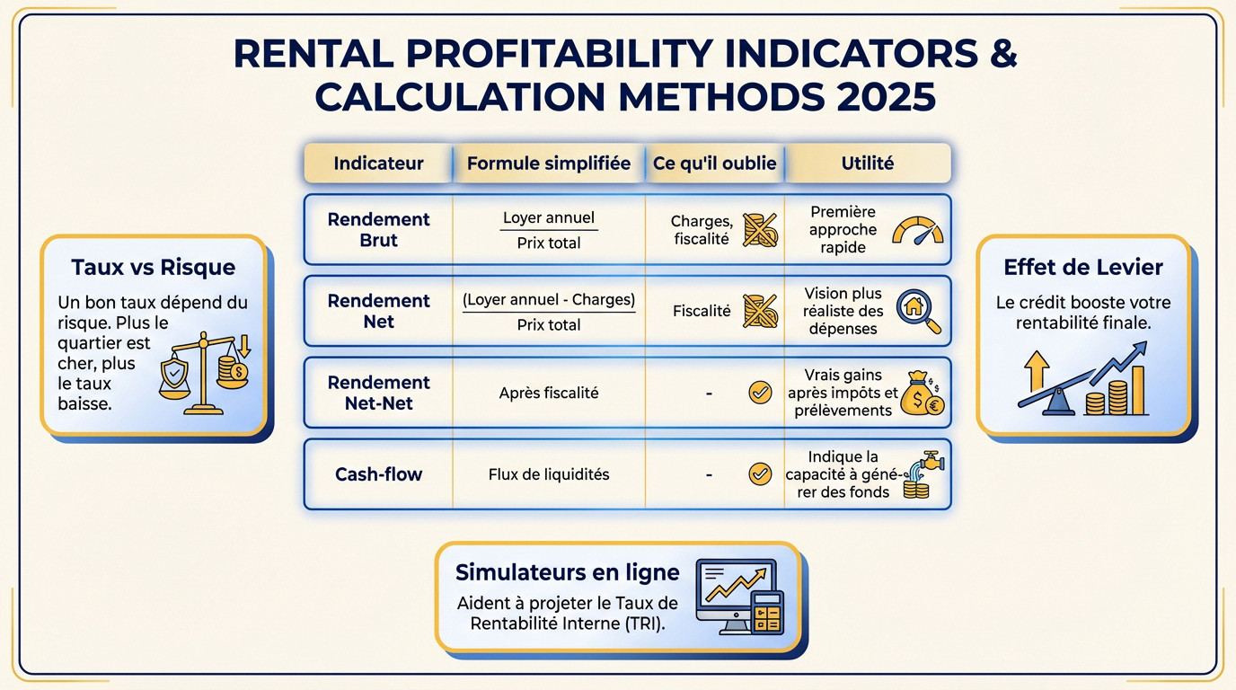 Graphiques et calculatrice illustrant les indicateurs de rentabilité locative brute, nette et le cash-flow pour un investissement immobilier