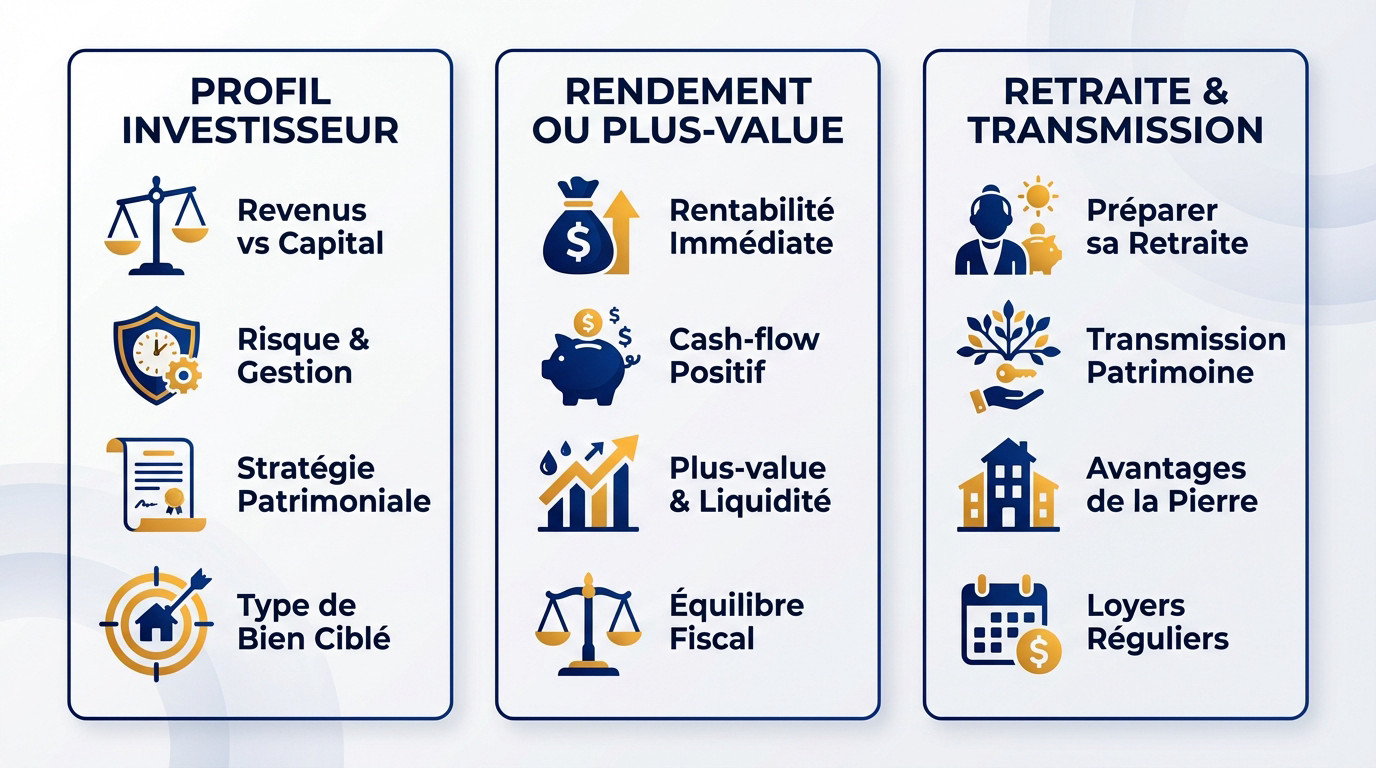 Infographie définissant les objectifs d'investissement immobilier locatif pour réussir son projet