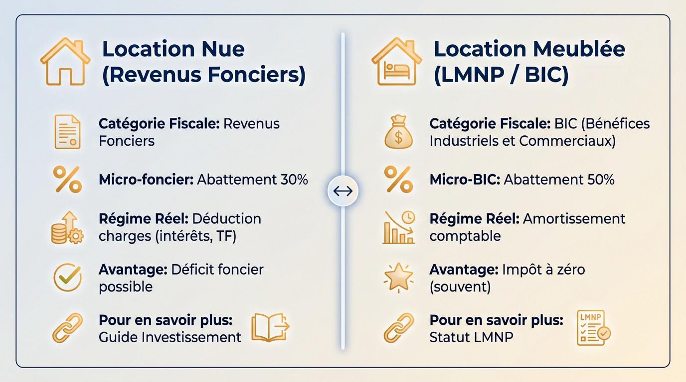 Infographie comparative de la fiscalité entre location nue et meublée LMNP