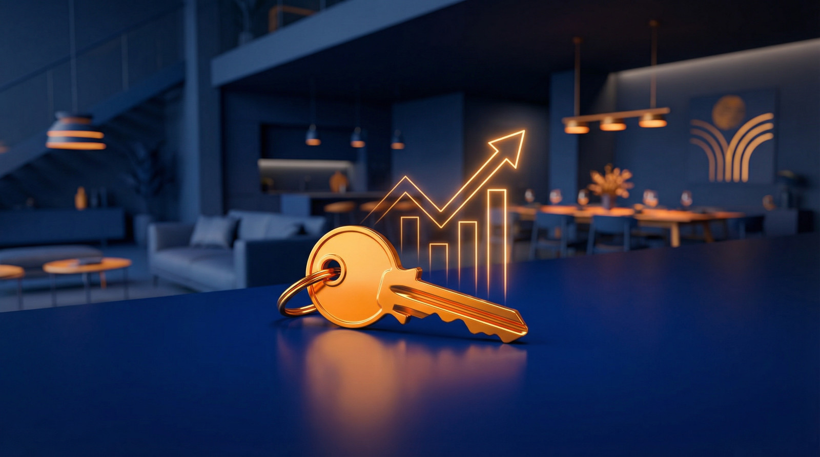 A gleaming golden key on a deep blue surface, with a glowing orange financial graph, set against a blurred modern co-living interior.