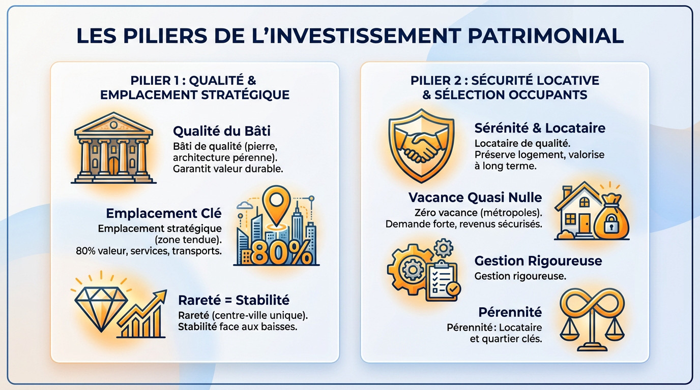 Immeuble haussmannien en pierre de taille illustrant la qualité d'un investissement patrimonial pérenne