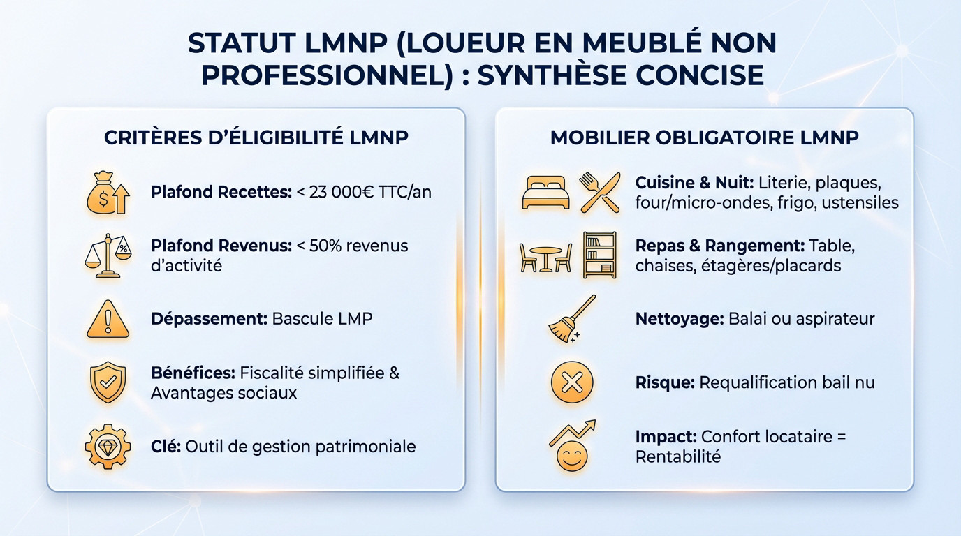 Investisseur analysant les critères d'éligibilité LMNP et la liste du mobilier obligatoire