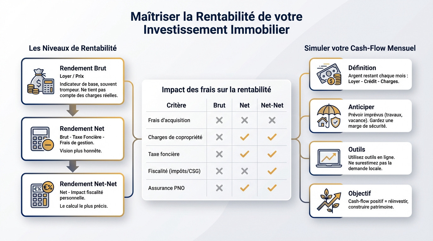 Calculatrice financière et graphiques pour estimer la rentabilité nette d'un investissement immobilier locatif