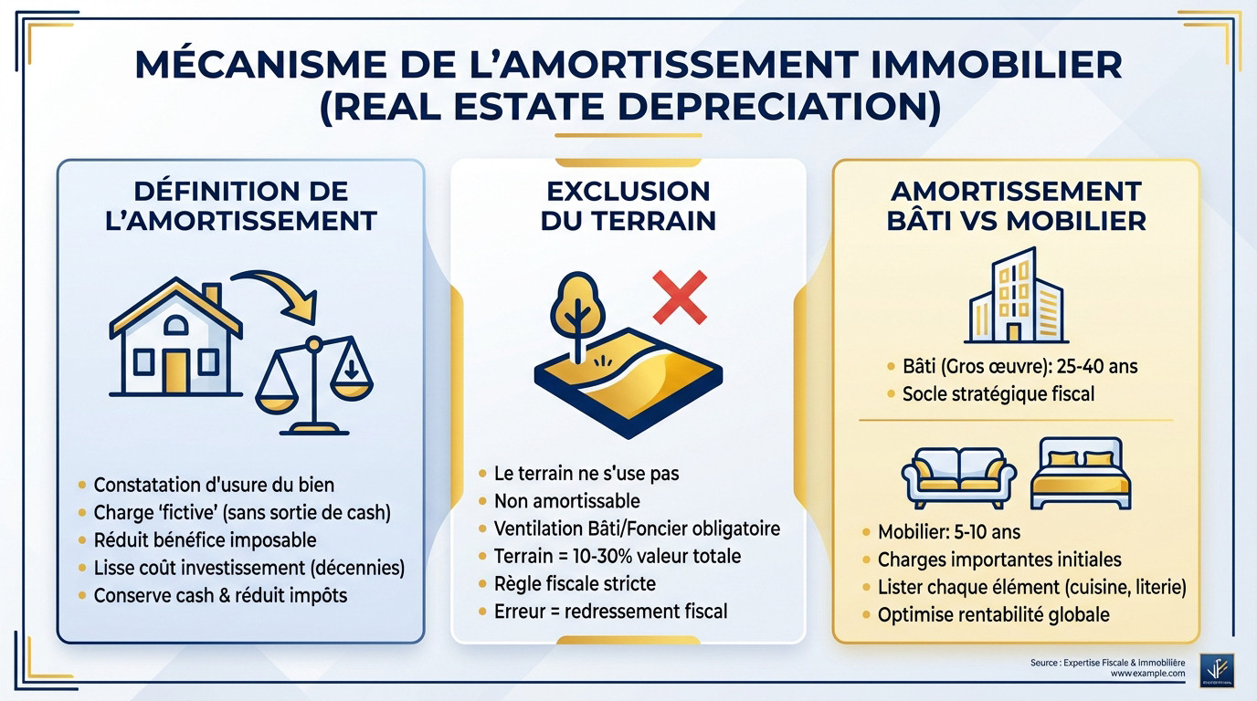 Schéma explicatif du mécanisme de <strong>l&rsquo;amortissement</strong> immobilier et son impact fiscal »></p>
<h2 id=