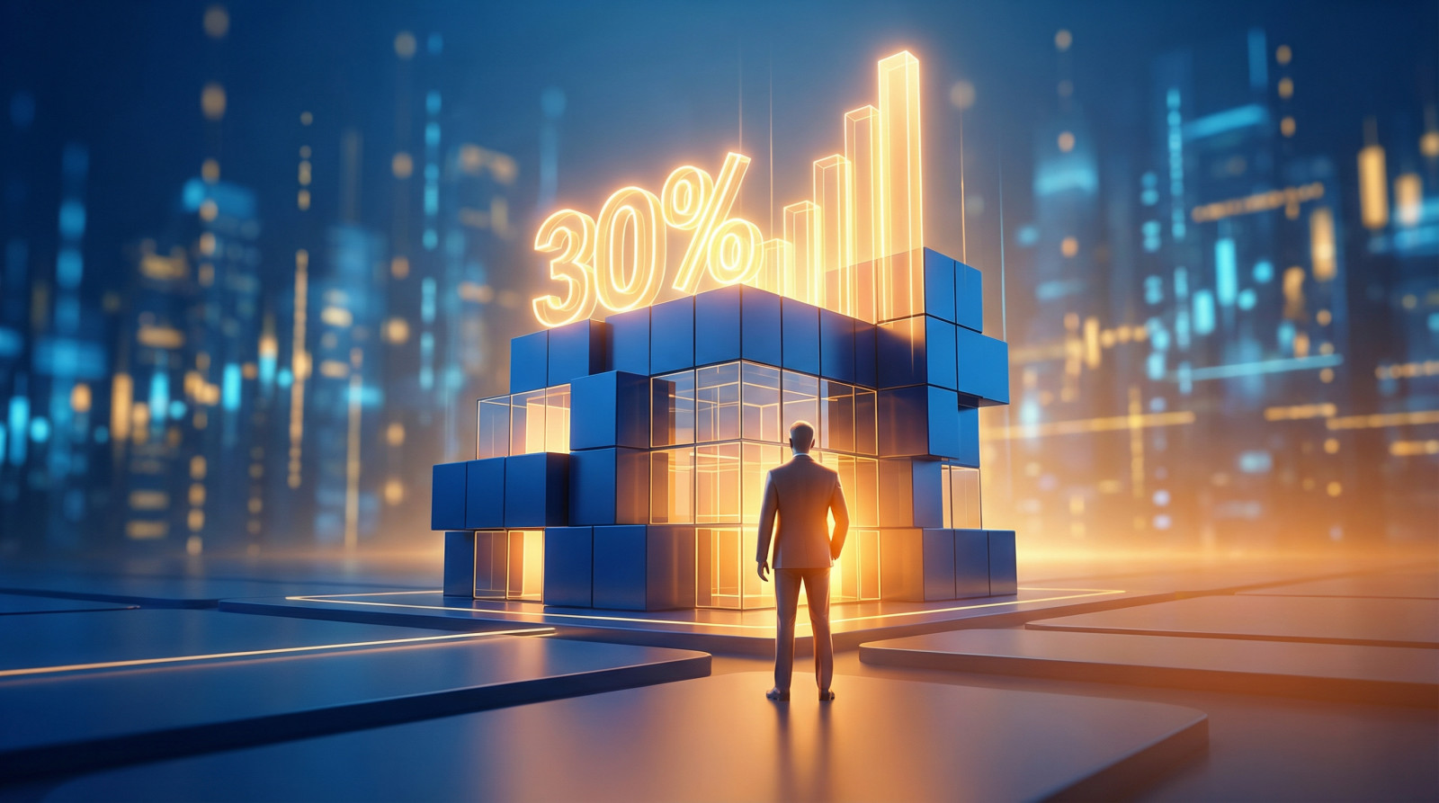Anonymous figure faces a blue abstract building with glowing orange-yellow '30%' and rising financial graphs, set in a modern cityscape.