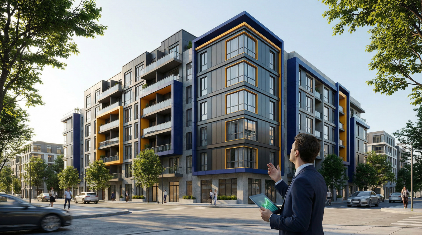 Man with tablet showing financial growth looks at a modern multi-unit building with blue and orange accents in a sunny urban setting.
