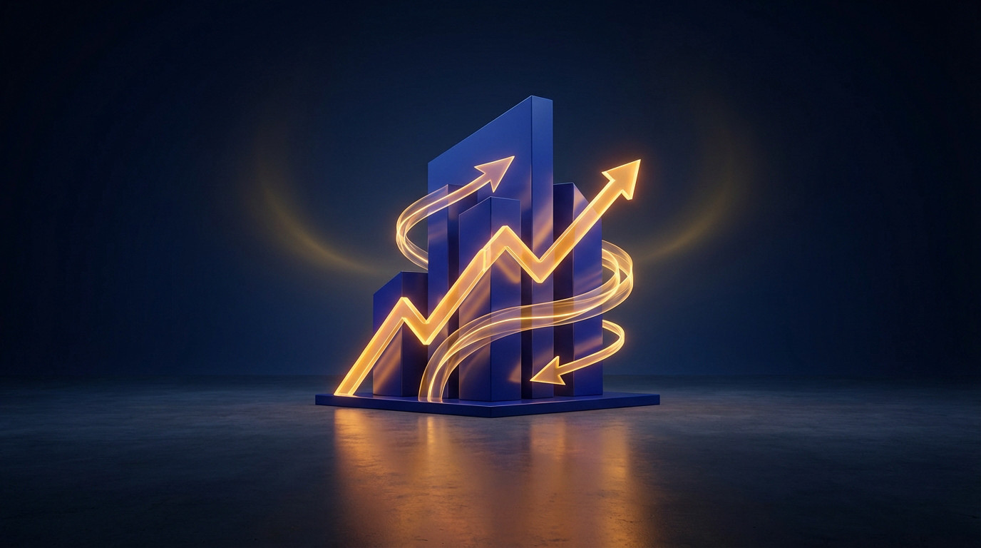 Stylized blue building with glowing orange-yellow financial graph lines and upward arrows, symbolizing real estate growth.