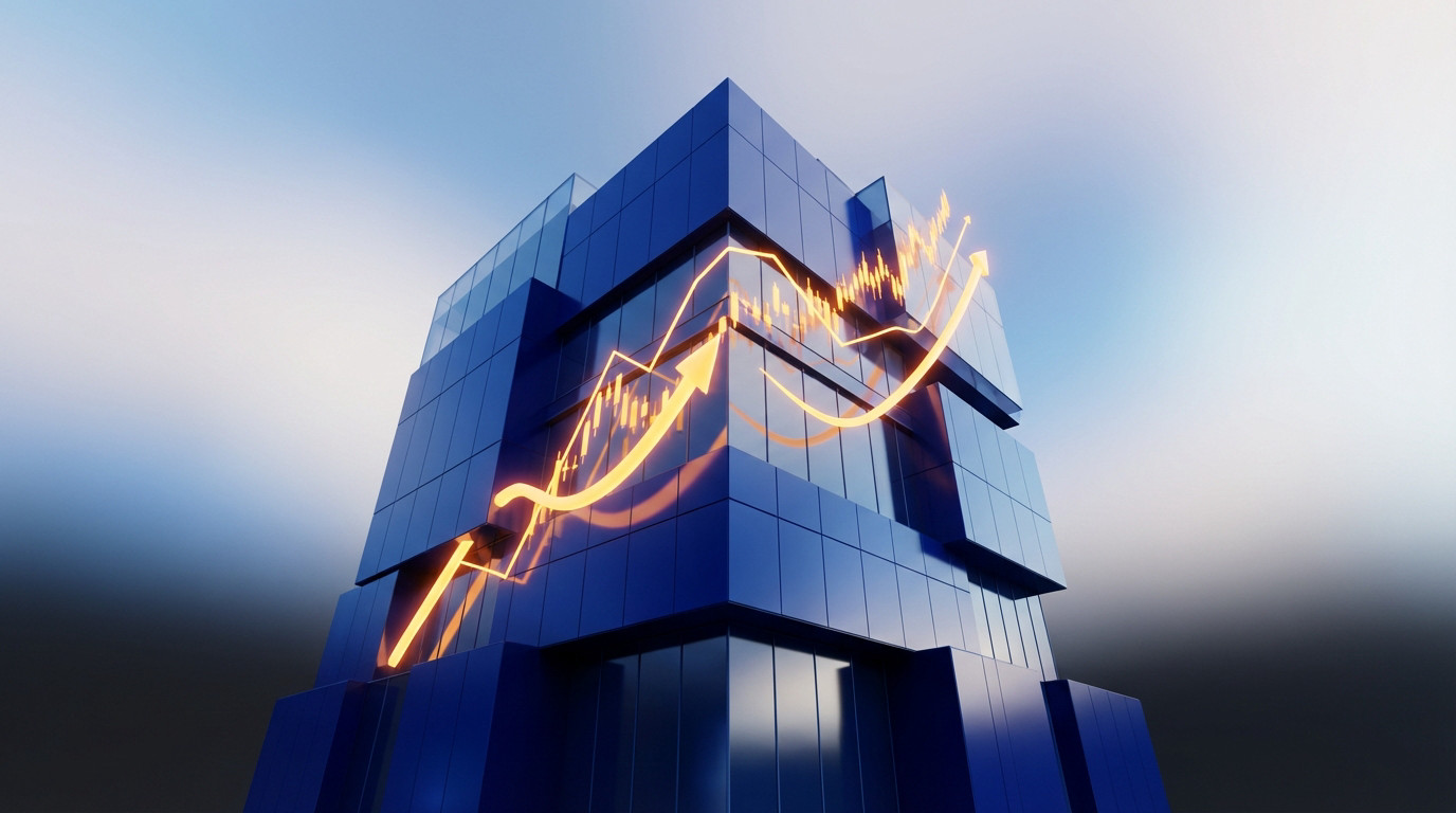 Abstract blue building with glowing orange financial charts and arrows symbolizing real estate growth and fiscal leverage.