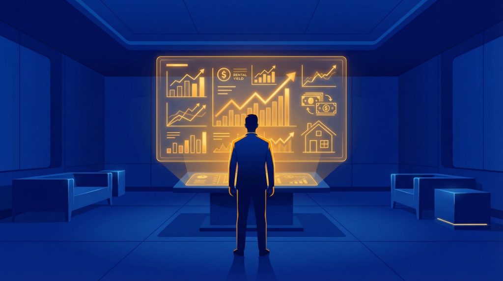 Figure in a dark blue room viewing a glowing orange holographic display with financial graphs, rental yield, and a house icon.