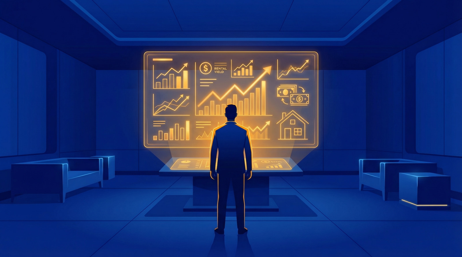 Figure in a dark blue room viewing a glowing orange holographic display with financial graphs, rental yield, and a house icon.
