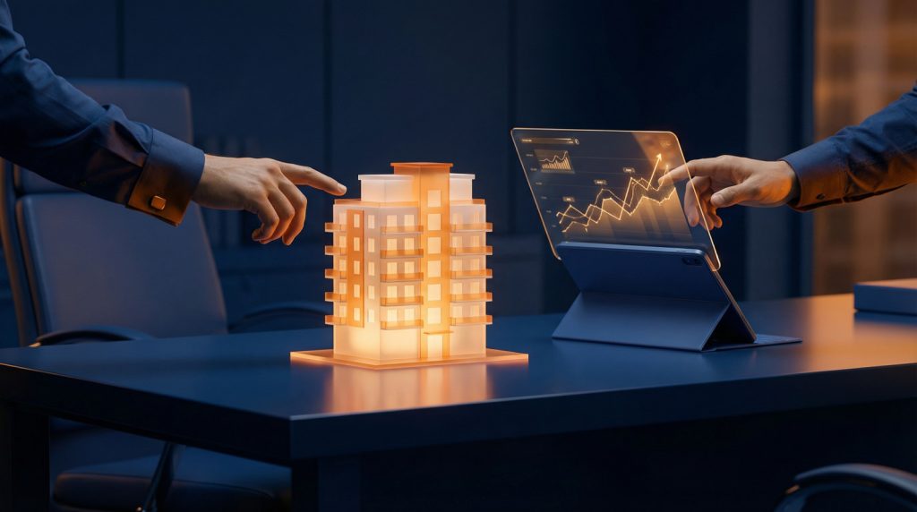 Hands interact with glowing building model & transparent screen with upward financial graph on dark blue desk. Real estate investment analysis.