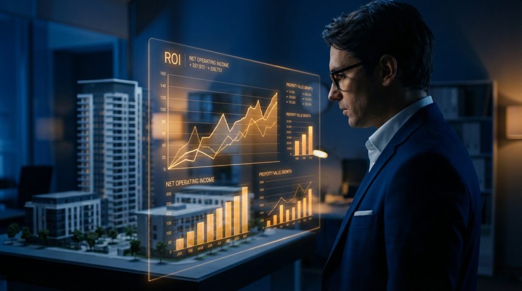 Man in suit intently views glowing orange real estate financial data on a transparent digital screen, with a building model behind.