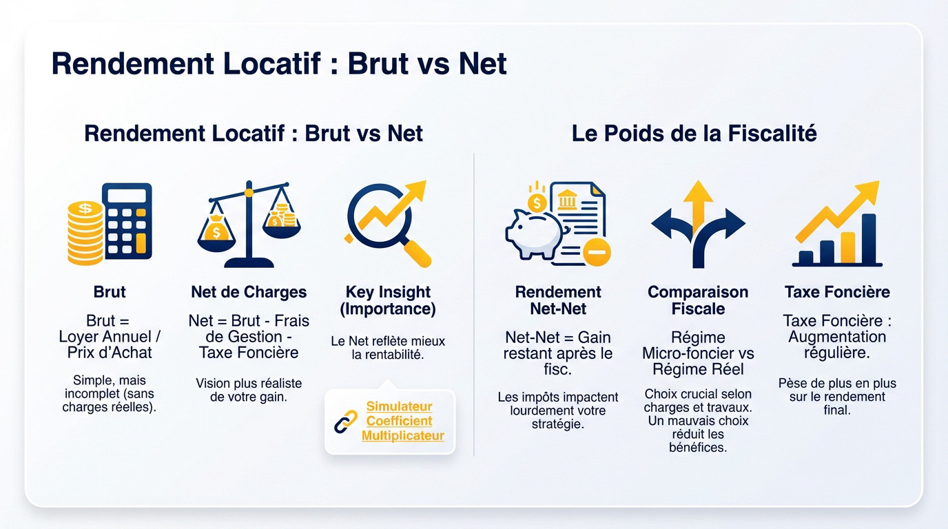 Graphique comparatif illustrant la différence entre rendement locatif brut, net et net-net après impôts