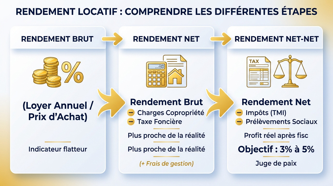 Schéma explicatif détaillant les étapes de calcul du rendement locatif brut, net et net-net