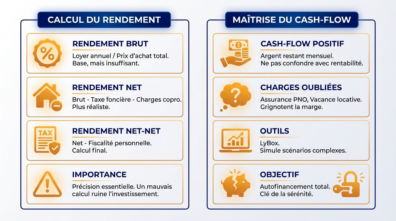 Graphique illustrant la différence entre rentabilité brute, nette et cash-flow en investissement immobilier