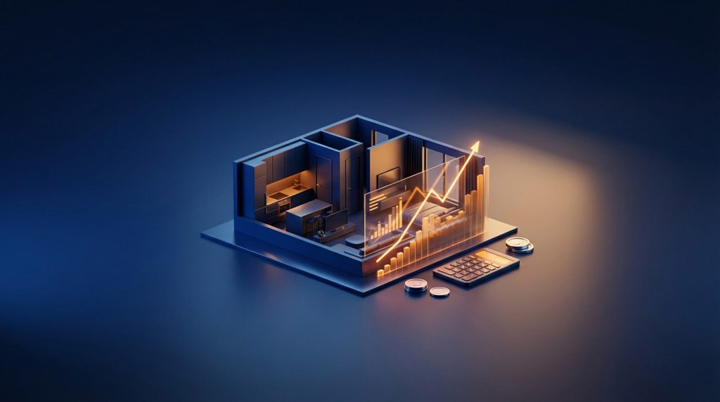 Abstract 3D studio apartment and financial growth elements (graphs, calculator, coins) on a blue background with amber glow.