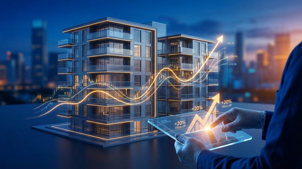Modern building with glowing orange financial graphs, hand on transparent tablet showing '+20% YIELD UP'. Blue cityscape background.