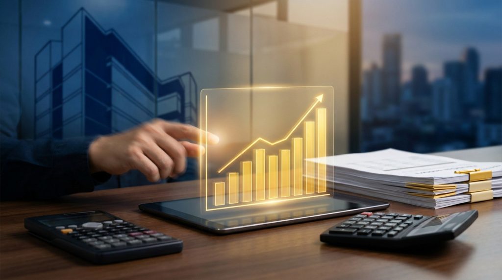 A hand points to a glowing golden upward financial chart on a tablet, with calculators, documents, and a blue building outline in the background.