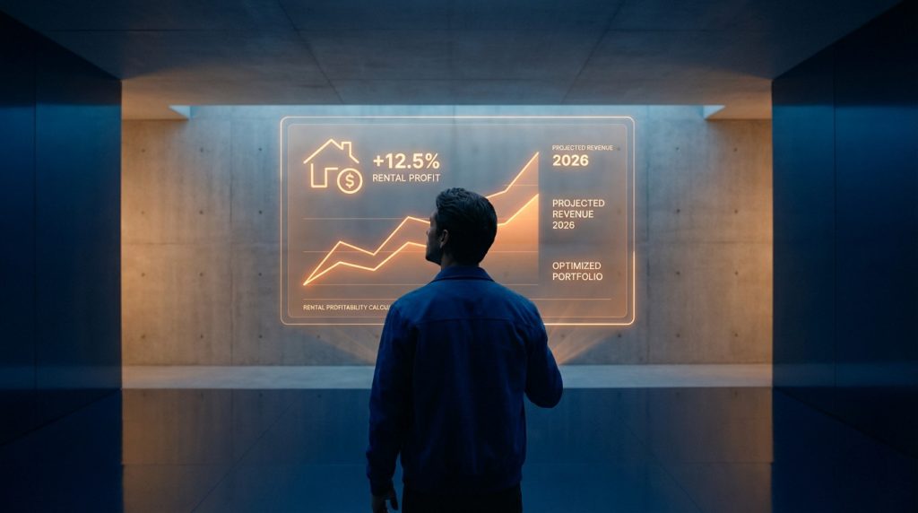 Figure views transparent orange digital interface with upward trending rental profit graphs and 2026 projections in a minimalist blue room.