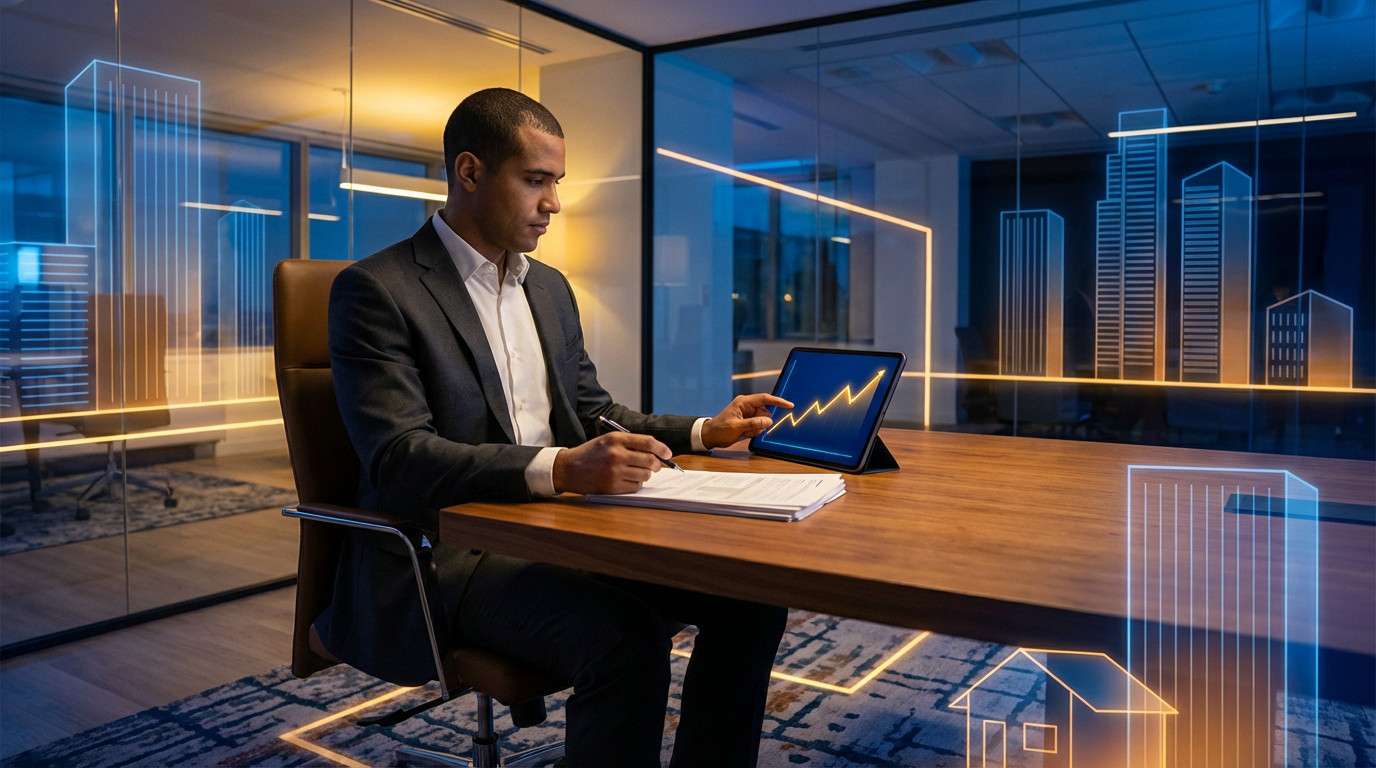 A professional reviews financial documents and a tablet with an upward graph, surrounded by abstract blue and orange real estate outlines.