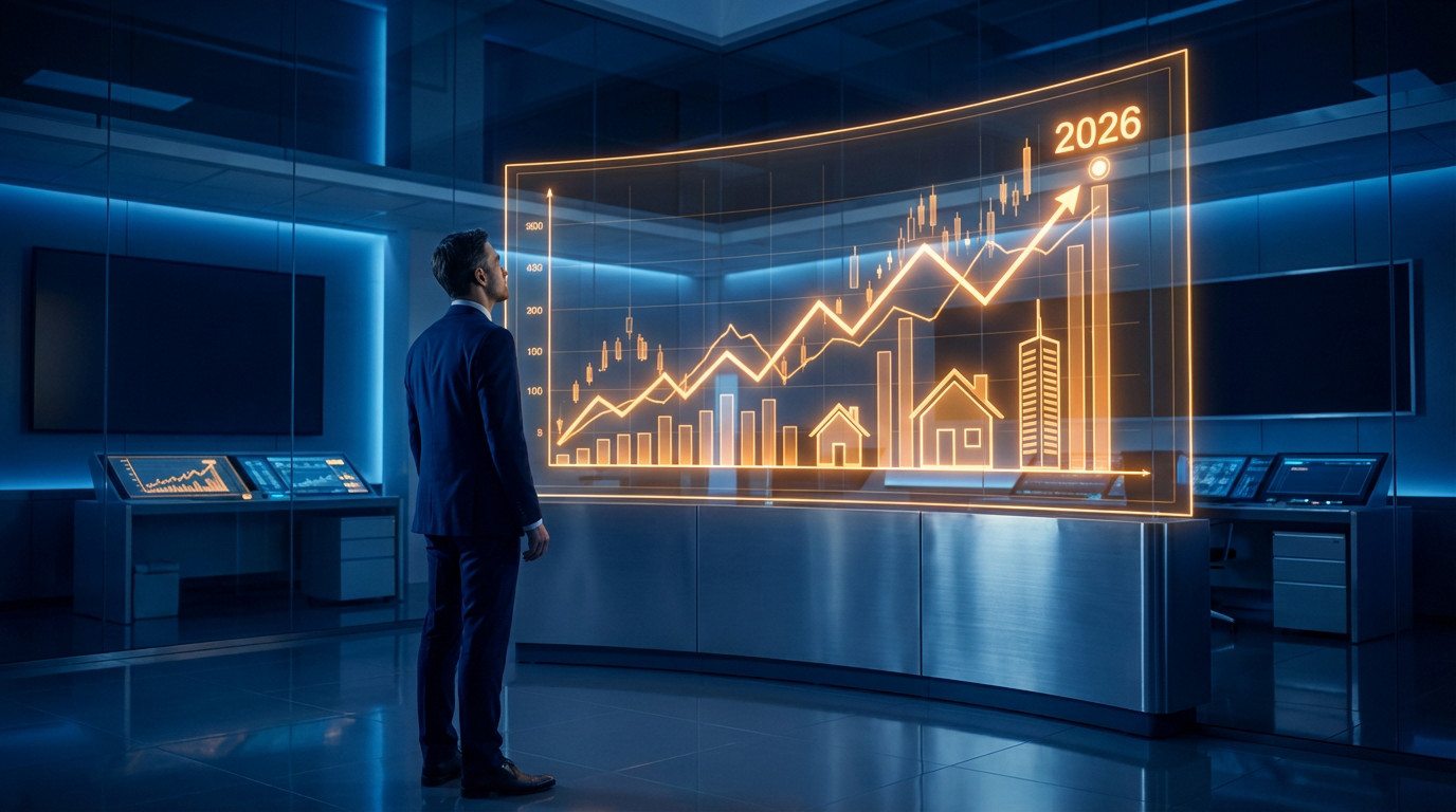 Man in suit views glowing orange holographic display of rising financial graphs, real estate icons, and '2026' in a blue-lit room.