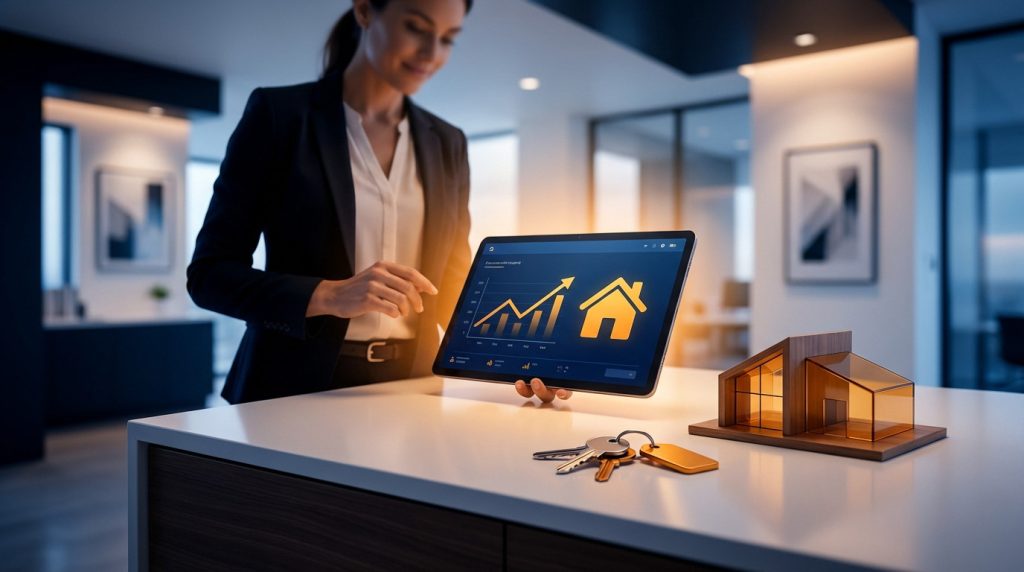 Woman views tablet showing rising financial graph & house icon. Keys and house model on desk in a blue/orange, optimistic investment scene.