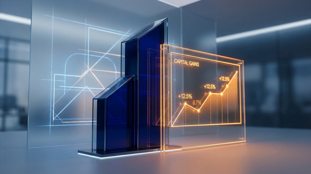 Deep dark blue abstract building silhouette next to a vibrant orange graph of capital gains, symbolizing real estate and financial growth.