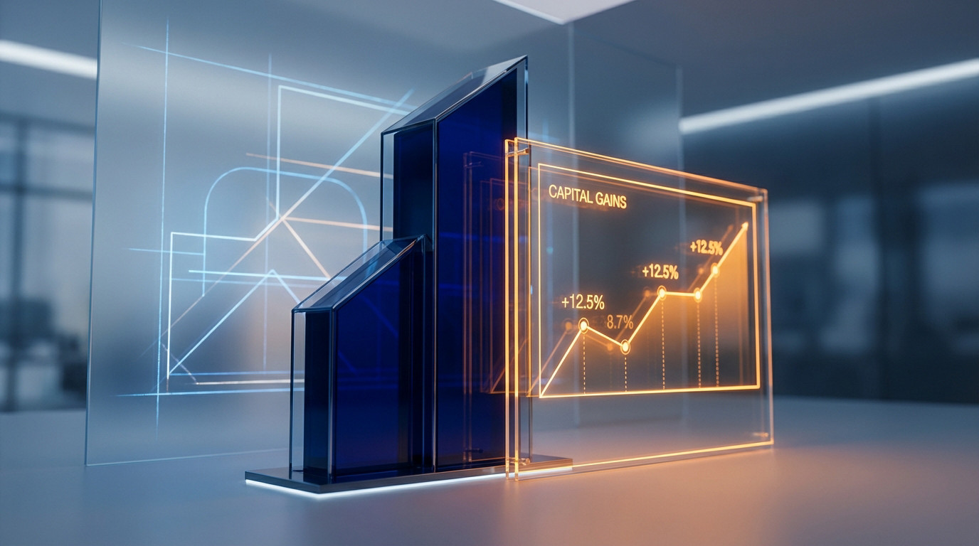 Deep dark blue abstract building silhouette next to a vibrant orange graph of capital gains, symbolizing real estate and financial growth.