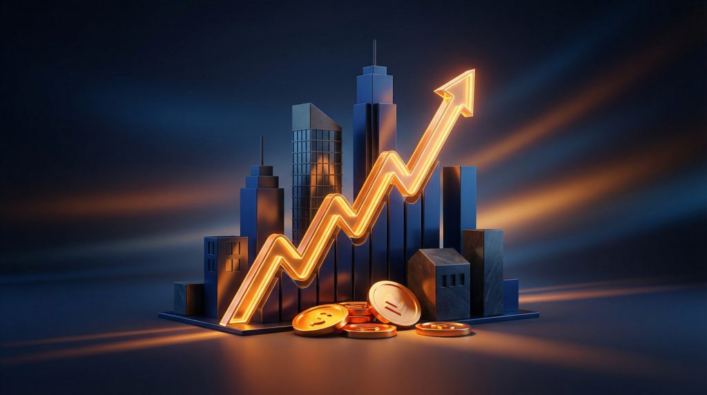 Abstract image of glowing orange growth arrow over blue geometric buildings and coins, symbolizing real estate investment and tax optimization.