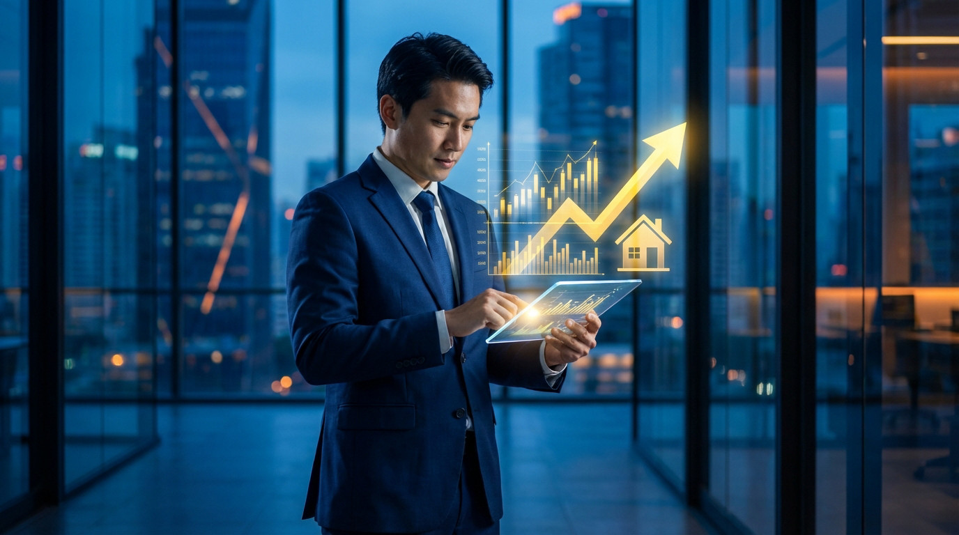 A man in a suit uses a holographic tablet displaying an upward-trending real estate graph and house icon in a modern blue-lit office.